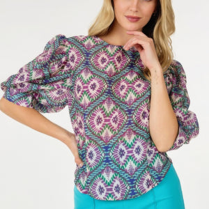 Puff Sleeve Multi-print Top