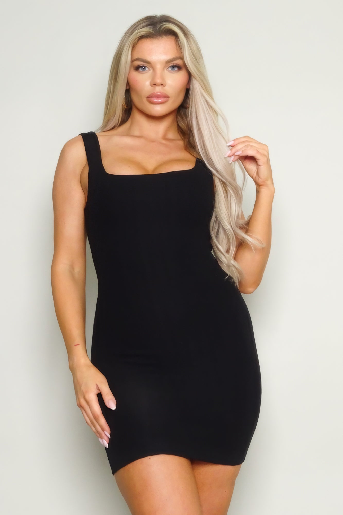 Sleeveless Square Neck Knit Mini Dress in Black