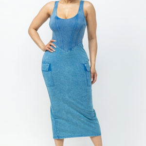 Women's Cargo Midi Dress Acid Washed 