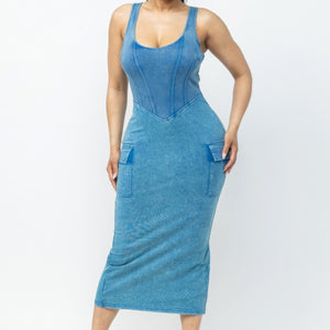 Women's Cargo Midi Dress Acid Washed 