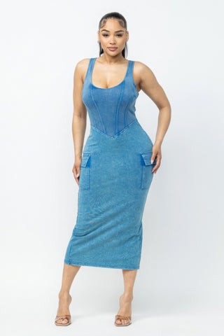 Women's Cargo Midi Dress Acid Washed 