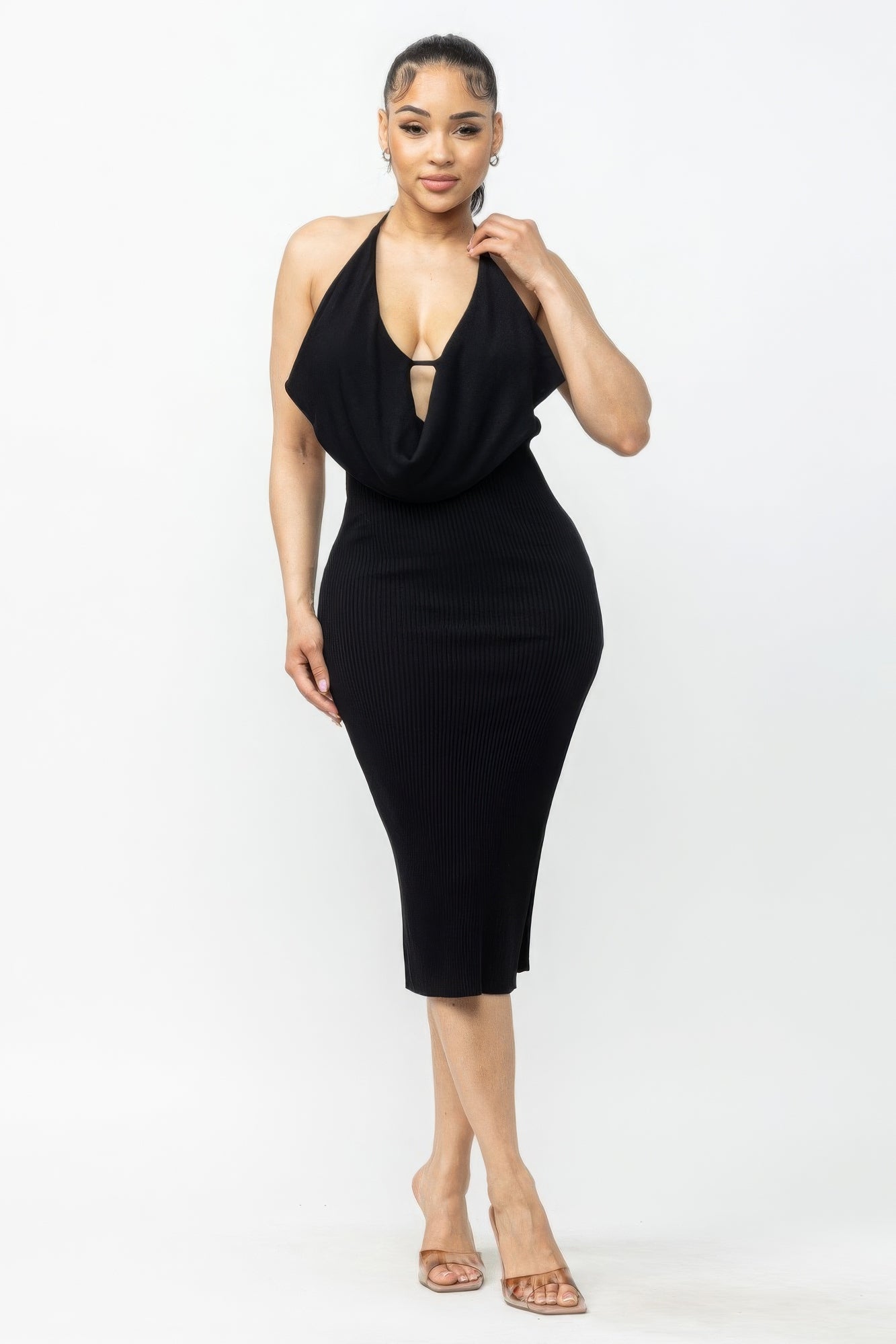 Tie Halter Drape Neck Midi Dress in Black