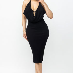 Tie Halter Drape Neck Midi Dress in Black