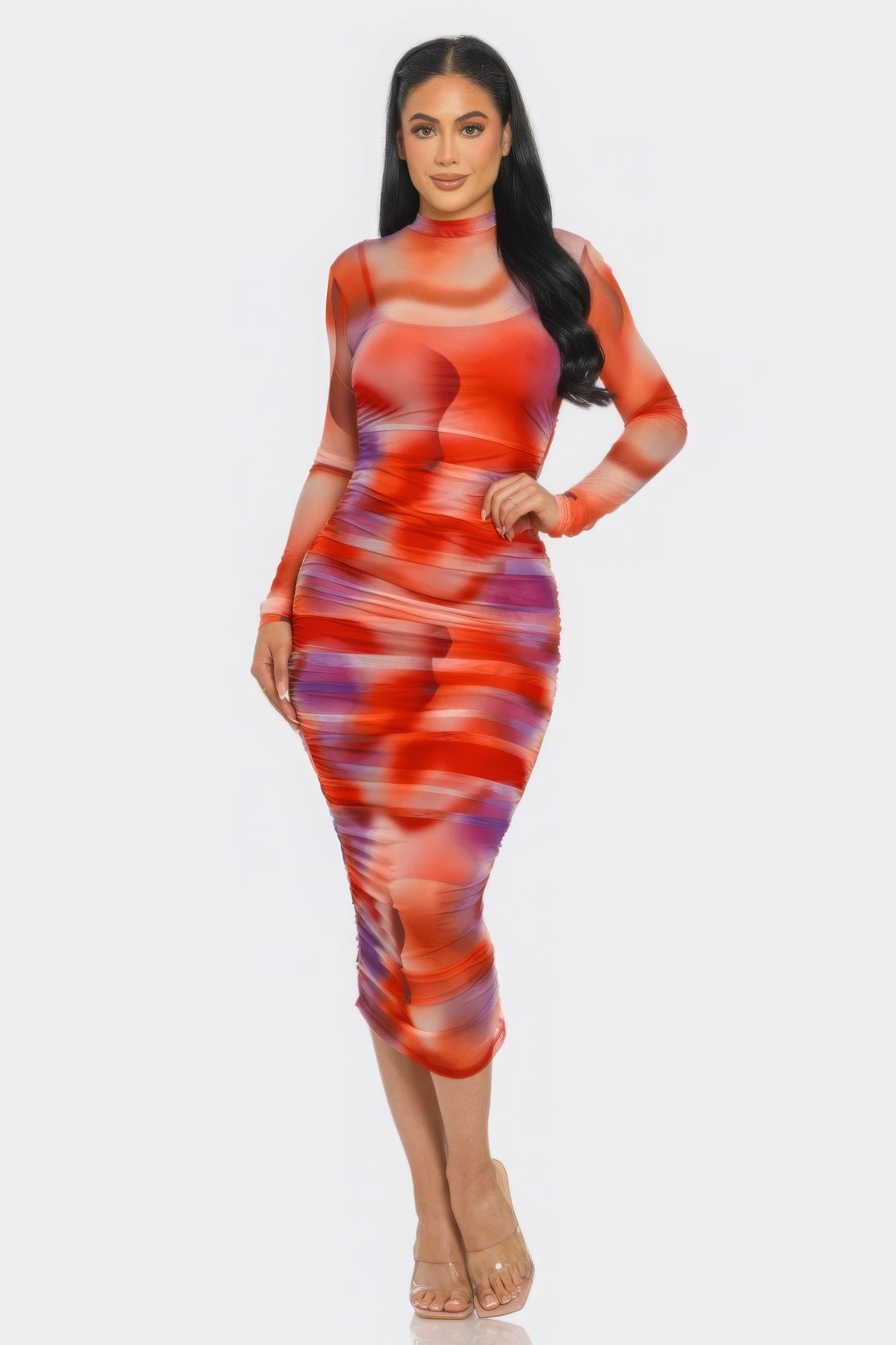 Summer Heat Print Mesh Ruched Midi Dress in Tomato Purple