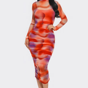 Summer Heat Print Mesh Ruched Midi Dress in Tomato Purple