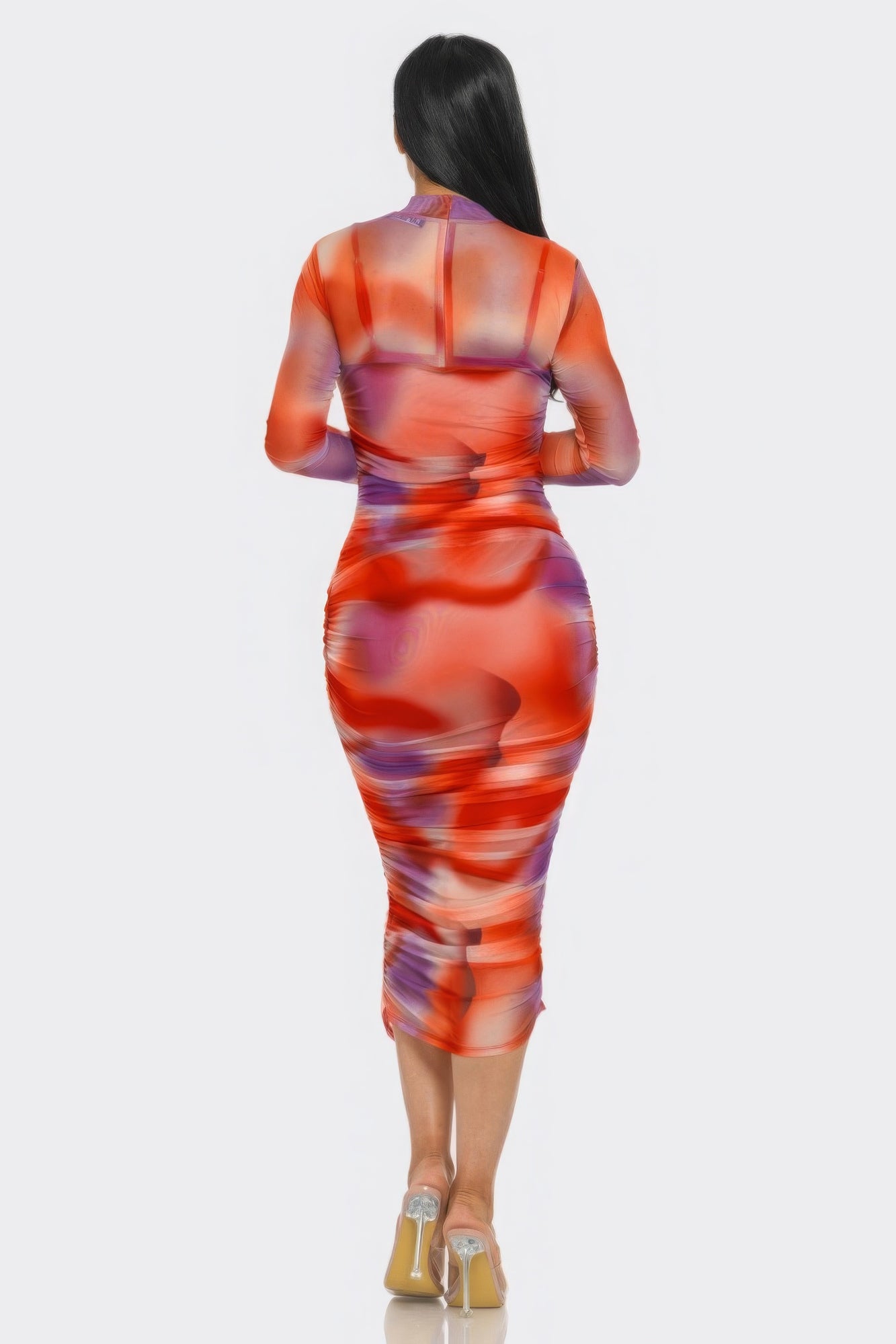 Summer Heat Print Mesh Ruched Midi Dress in Tomato Purple