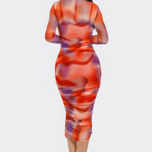 Summer Heat Print Mesh Ruched Midi Dress in Tomato Purple