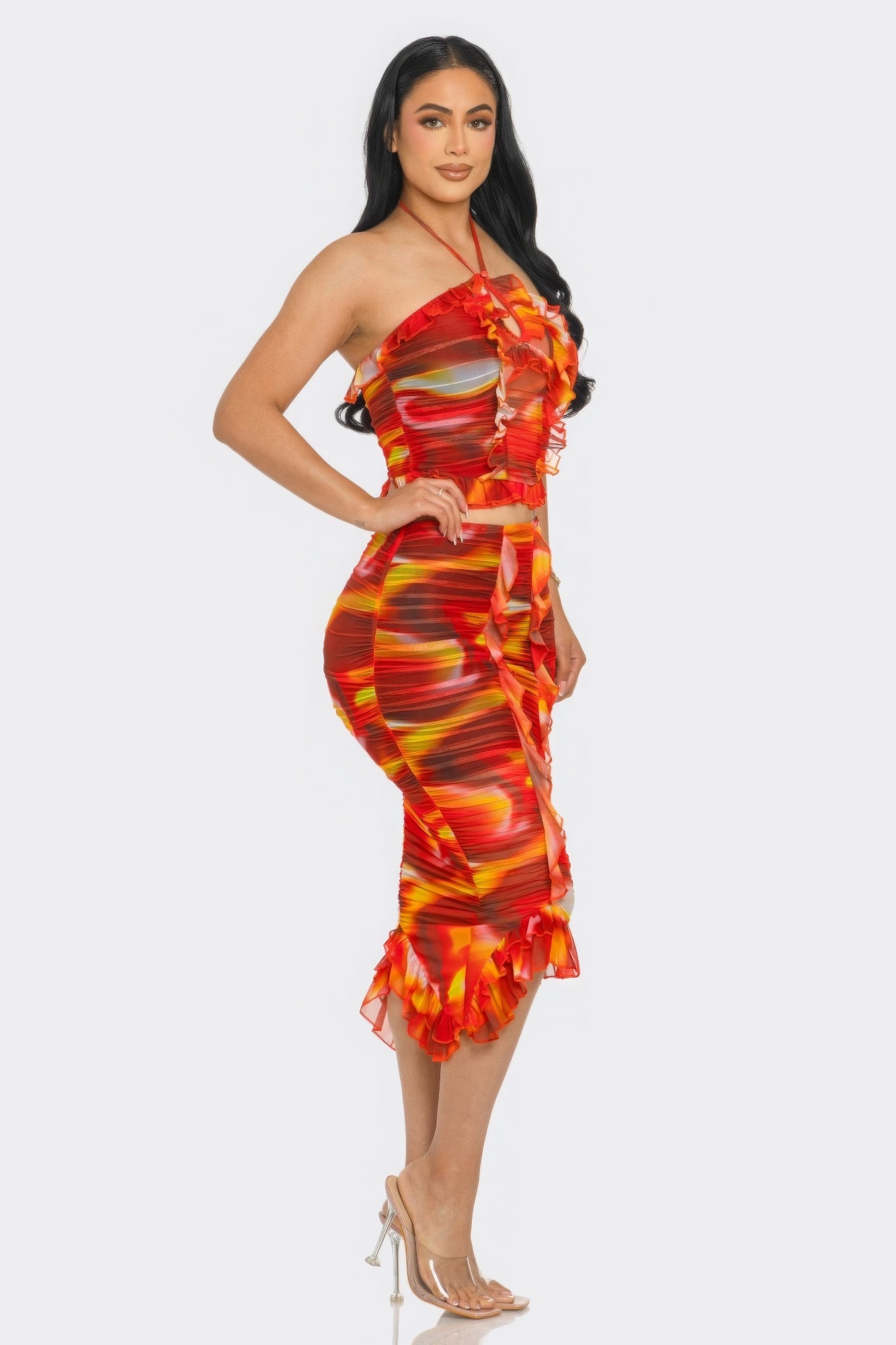 Tropical Waters Print Mesh Ruffle Halter Skirt Set