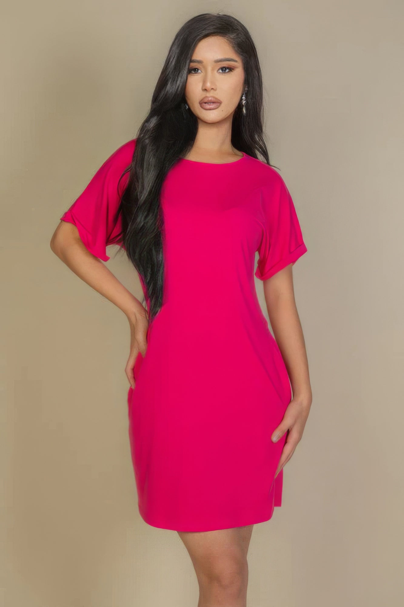 Side Pocket Double Folded Mini Dress in Fuchsia