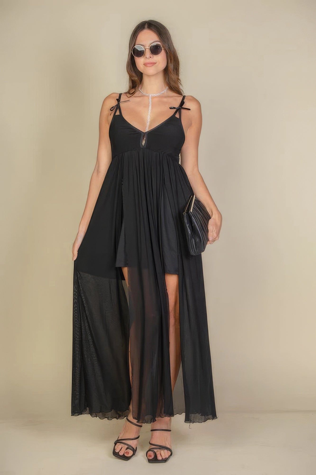 Plunge Neck Split Thigh Mesh Maxi Dress in Black