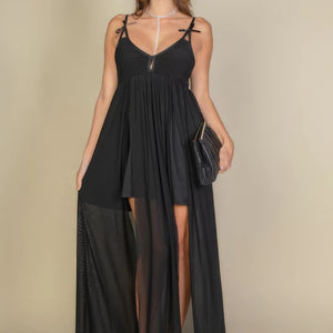 Plunge Neck Split Thigh Mesh Maxi Dress in Black