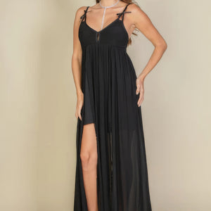 Plunge Neck Split Thigh Mesh Maxi Dress in Black