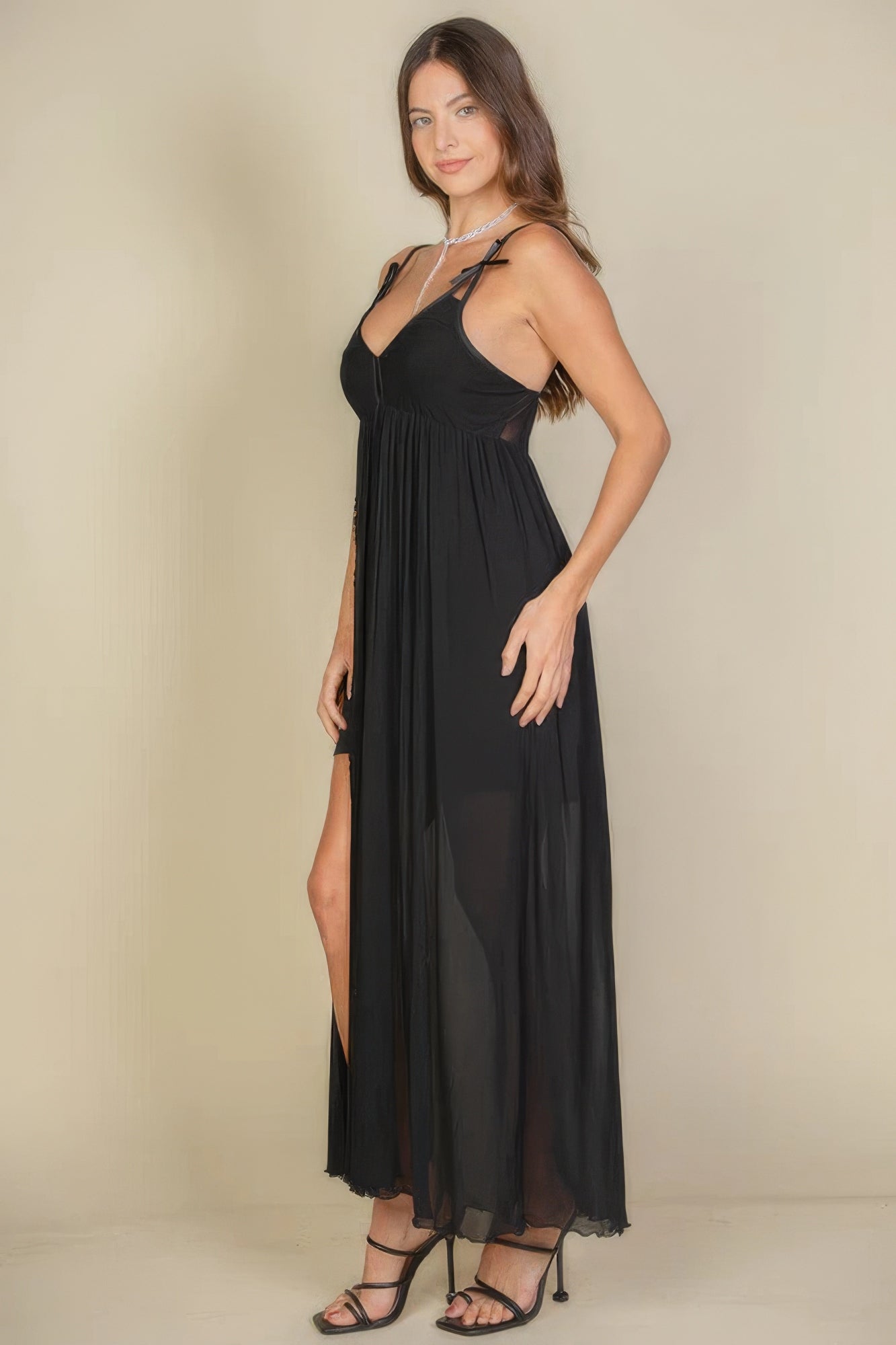 Plunge Neck Split Thigh Mesh Maxi Dress in Black