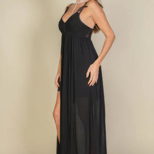 Plunge Neck Split Thigh Mesh Maxi Dress in Black