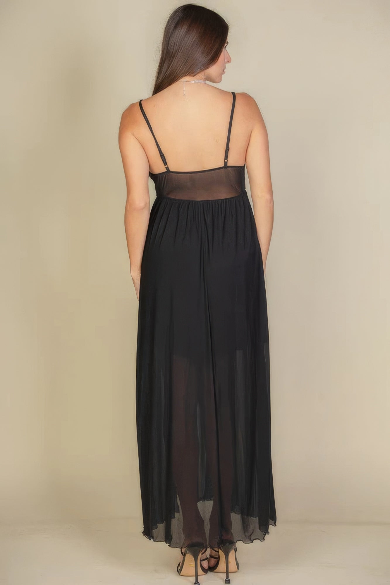 Plunge Neck Split Thigh Mesh Maxi Dress in Black