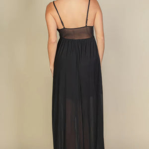 Plunge Neck Split Thigh Mesh Maxi Dress in Black