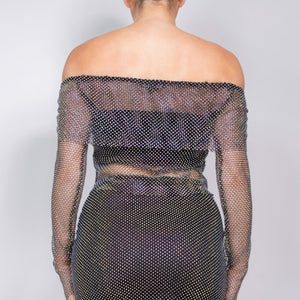 Shirred Off-shoulder Fishnet Top