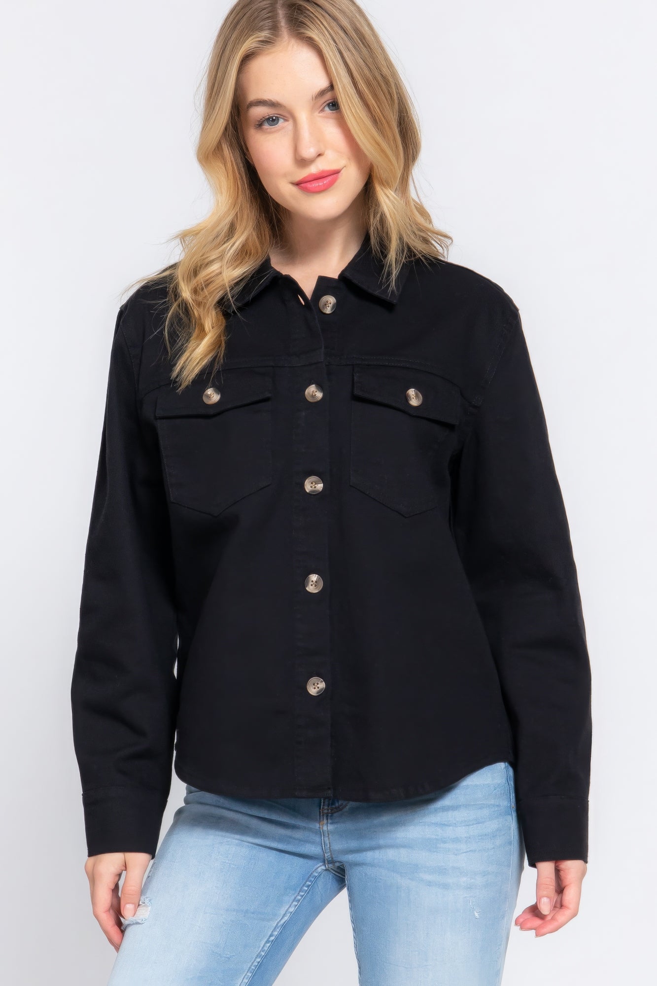 Black Button Down Cotton Denim Shacket