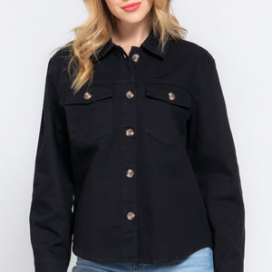 Black Button Down Cotton Denim Shacket