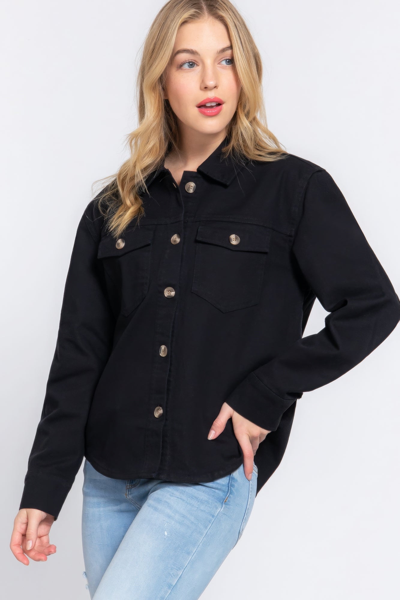 Black Button Down Cotton Denim Shacket