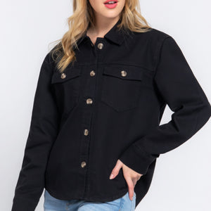 Black Button Down Cotton Denim Shacket