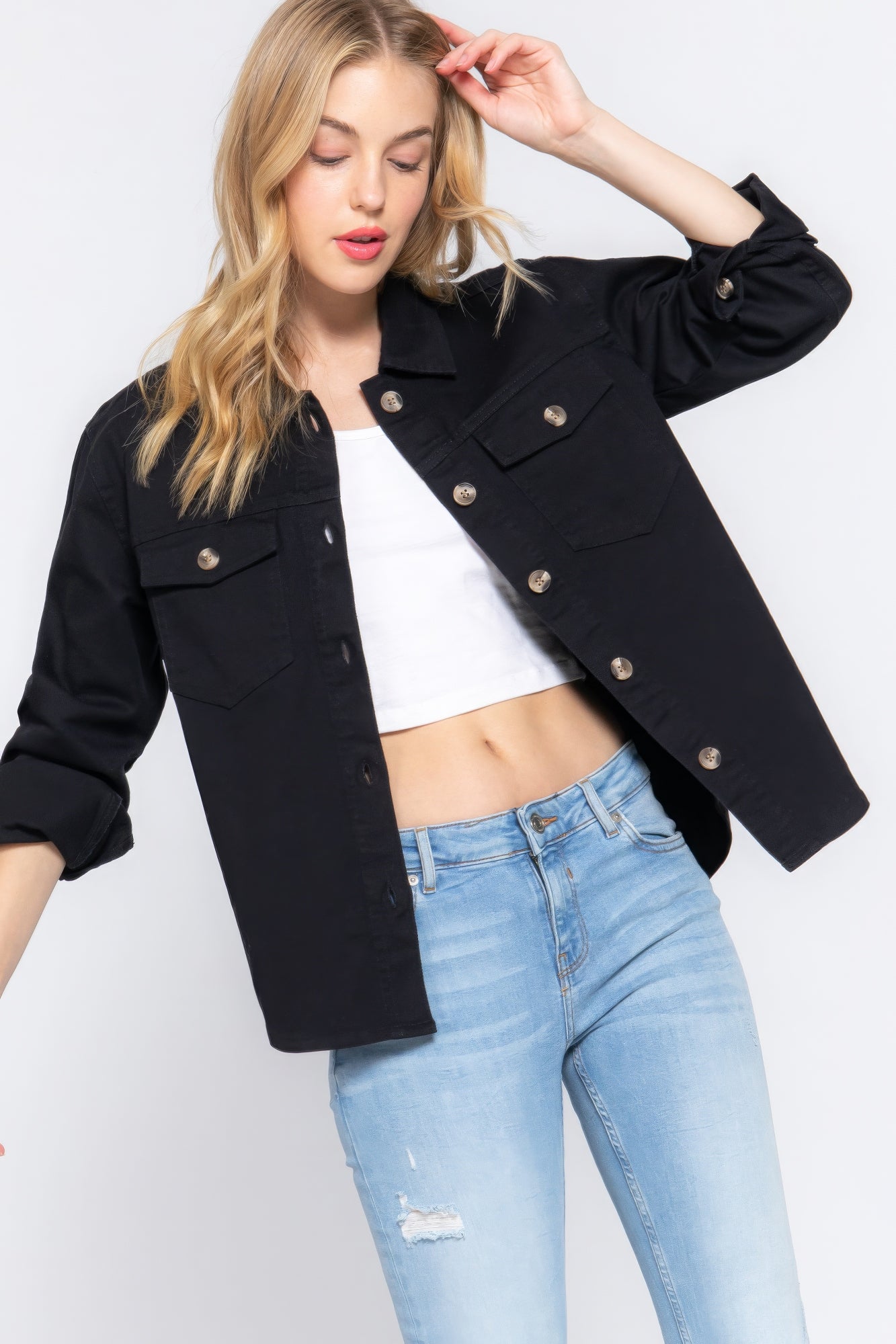 Black Button Down Cotton Denim Shacket