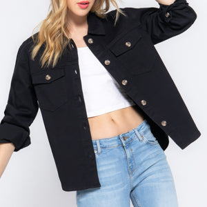 Black Button Down Cotton Denim Shacket