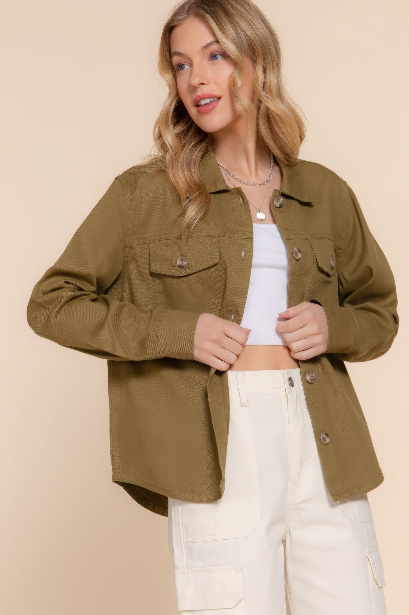 Olive Button Down Cotton Denim Shacket