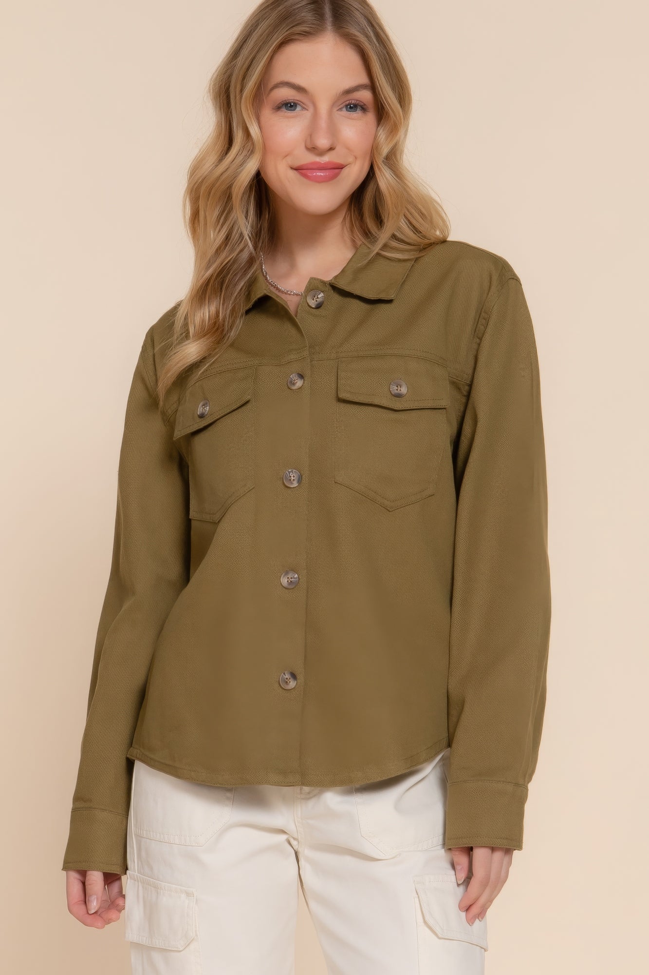 Olive Button Down Cotton Denim Shacket