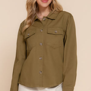 Olive Button Down Cotton Denim Shacket