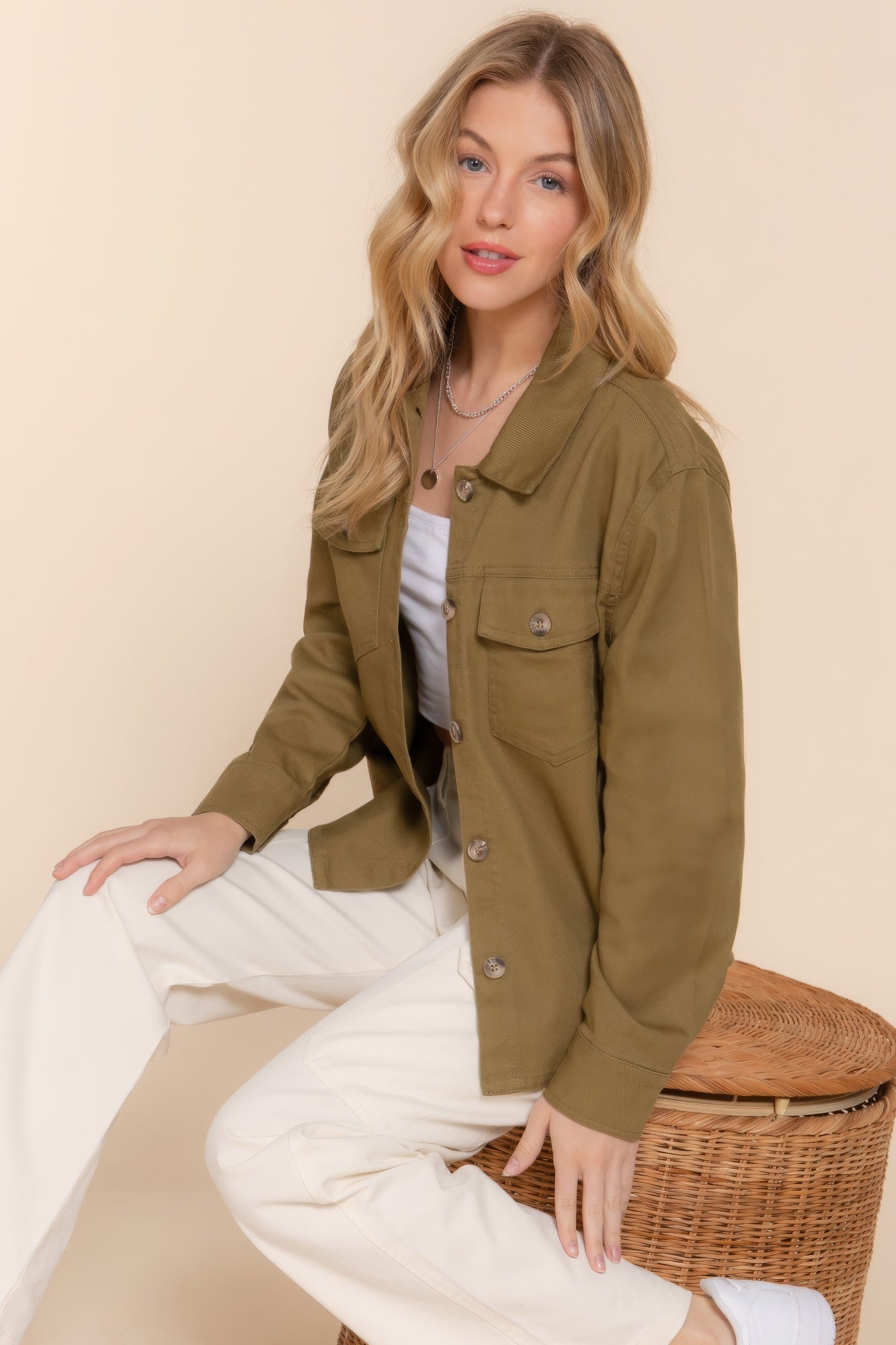 Olive Button Down Cotton Denim Shacket