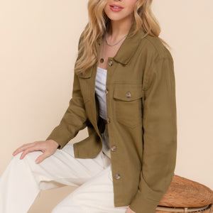 Olive Button Down Cotton Denim Shacket