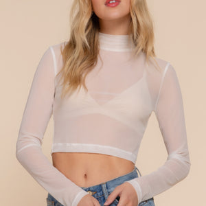 Off White Long Sleeve Mock Neck Mesh Top