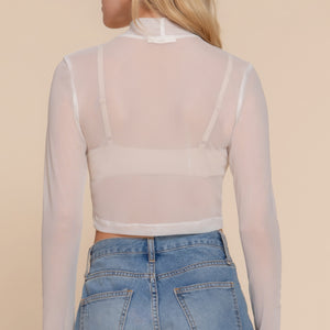 Off White Long Sleeve Mock Neck Mesh Top