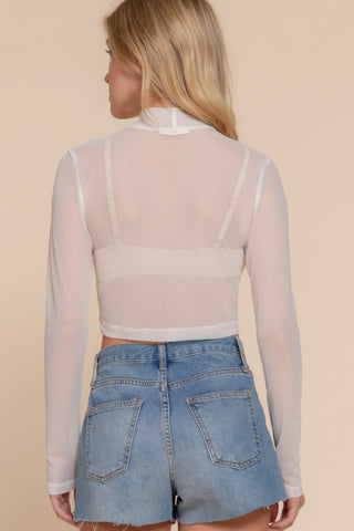 Off White Long Sleeve Mock Neck Mesh Top