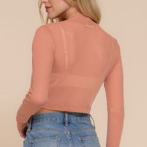 Peach Long Sleeve Mock Neck Mesh Top