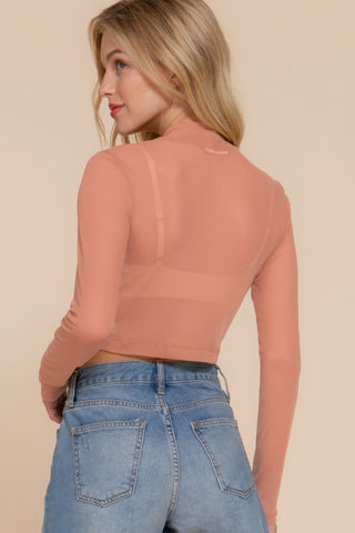 Peach Long Sleeve Mock Neck Mesh Top