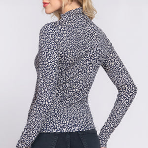 Long Slv High Neck Animal Print Knit Top