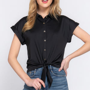 Black Short Sleeve Front Tie Detail Stretch ITY Top