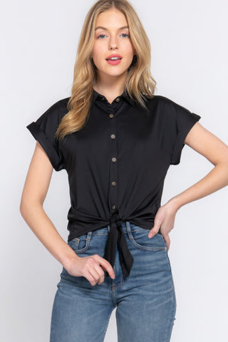 Black Short Sleeve Front Tie Detail Stretch ITY Top