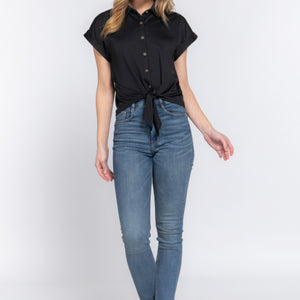 Black Short Sleeve Front Tie Detail Stretch ITY Top