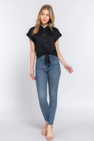 Black Short Sleeve Front Tie Detail Stretch ITY Top