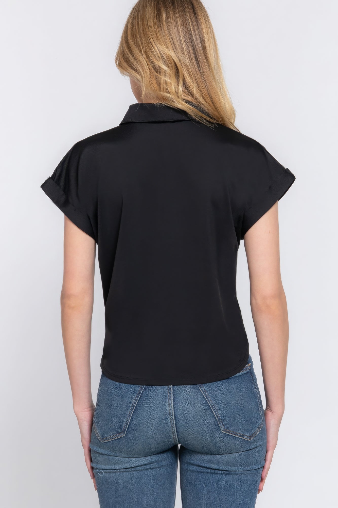 Black Short Sleeve Front Tie Detail Stretch ITY Top