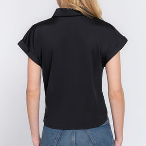 Black Short Sleeve Front Tie Detail Stretch ITY Top