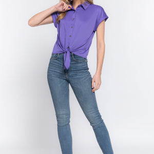 Purple Short Sleeve Front Tie Detail Stretch ITY Top