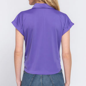 Purple Short Sleeve Front Tie Detail Stretch ITY Top