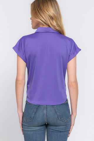 Purple Short Sleeve Front Tie Detail Stretch ITY Top