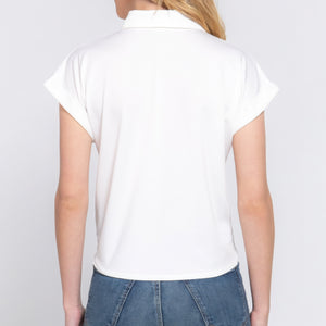 White Short Sleeve Front Tie Detail Stretch ITY Top