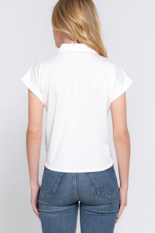 White Short Sleeve Front Tie Detail Stretch ITY Top