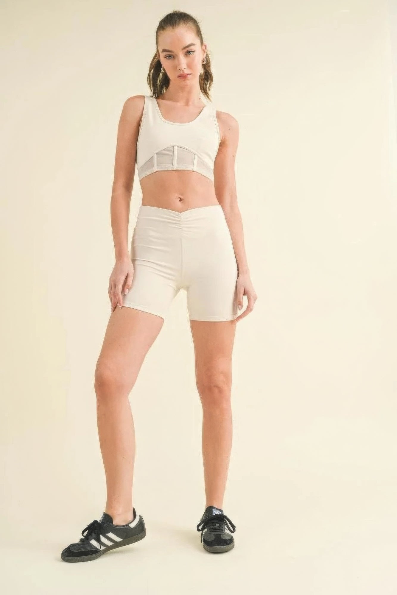 Cream Ruched Waist Biker Shorts